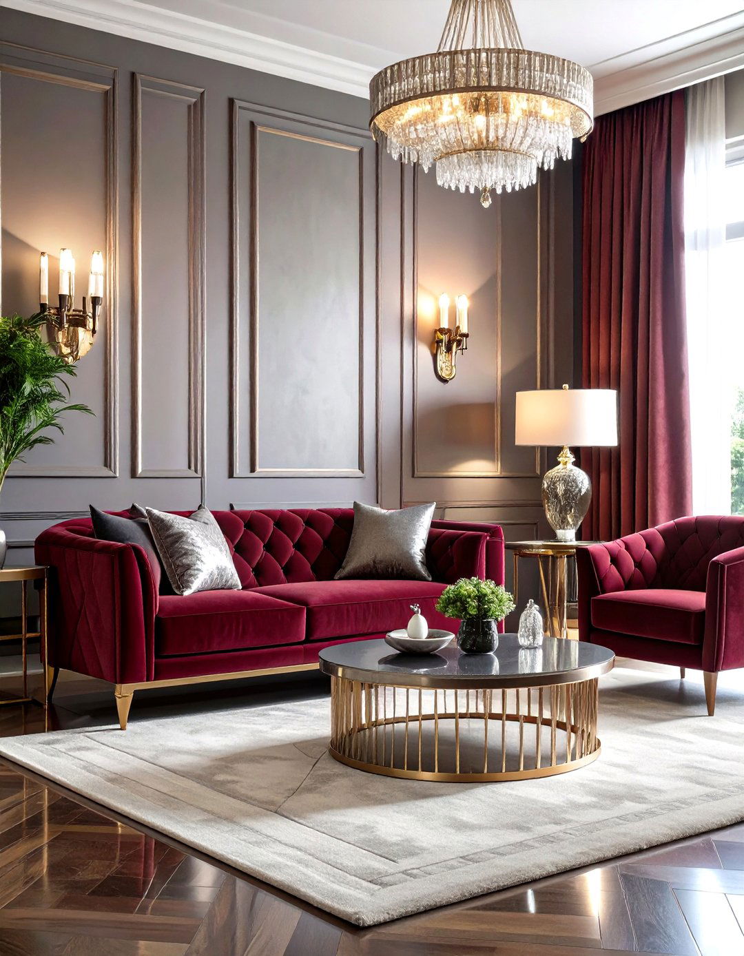 Art Deco Red and Grey Living Room with Glamorous Details - 20 Red and Grey Living Room Ideas