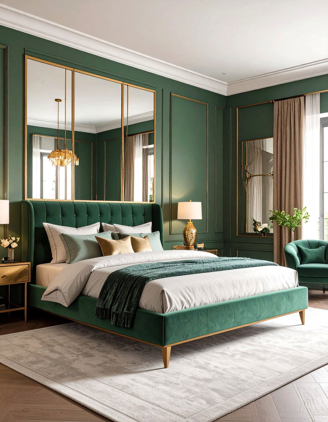 Art Deco Sage Mirror Backed Panels - 20 Green Panelling Bedroom Ideas