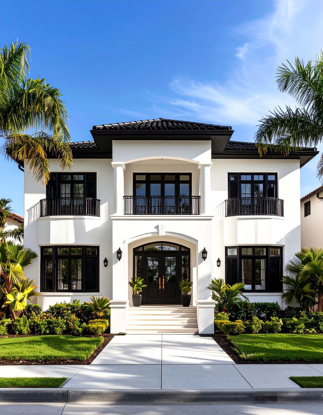 Art Deco White Exterior Home with a Black Roof and Geometric Details - 20 White Exterior Home with a Black Roof Ideas