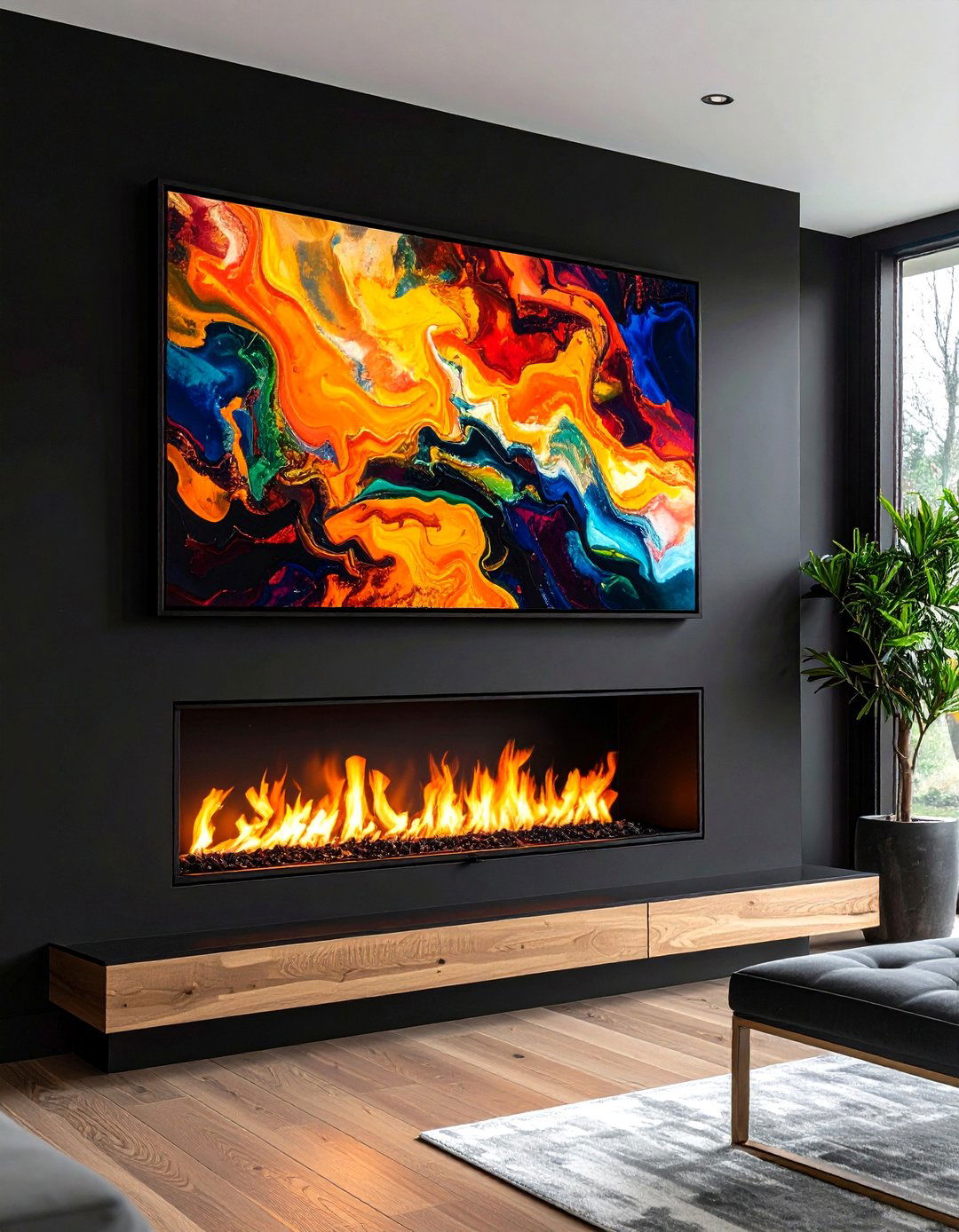 Art Forward Black Fireplace with Color Burst - 20 Black Fireplace Ideas