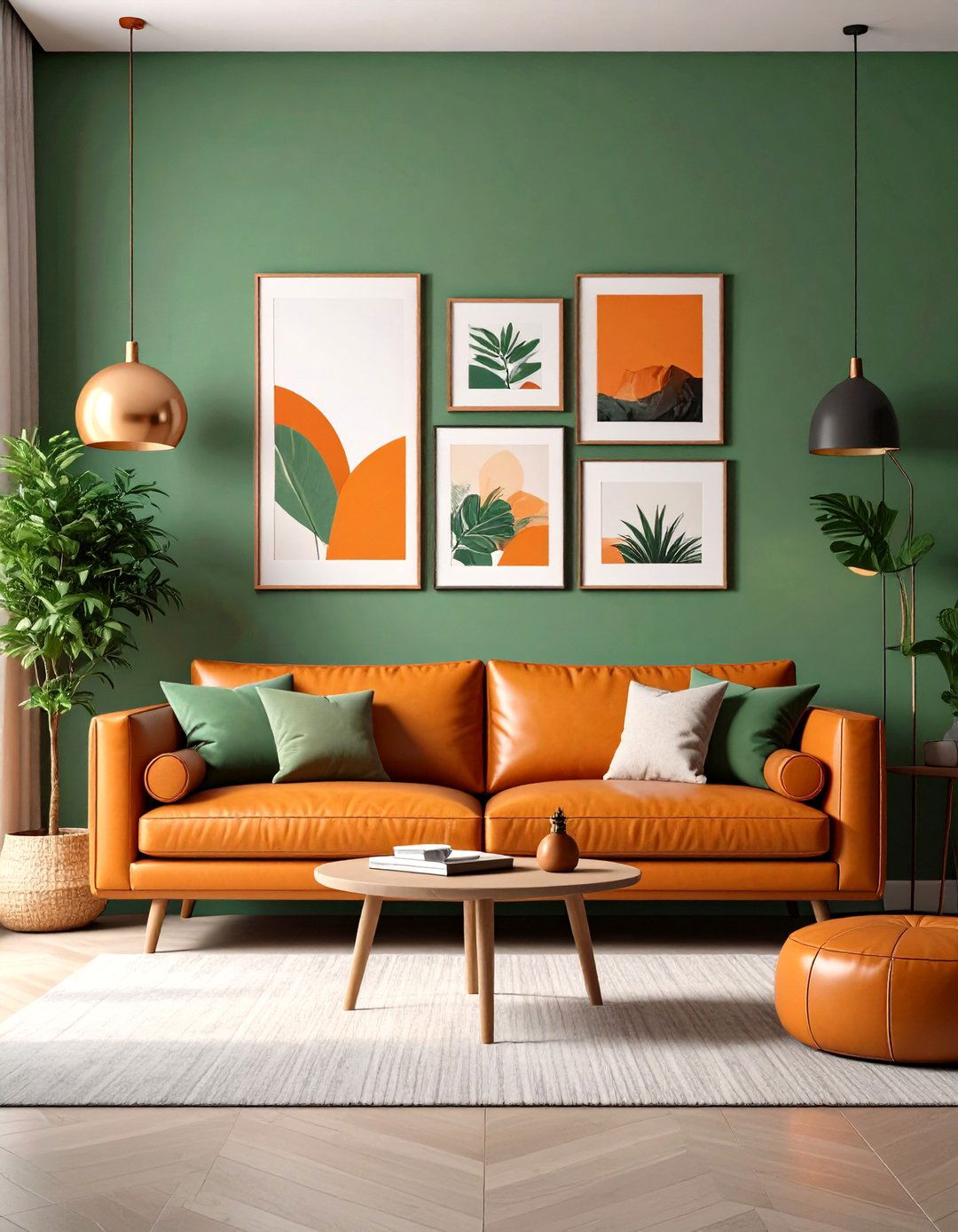 Art Forward Green and Orange Living Room with Gallery Wall - 20 Green and Orange Living Room Ideas