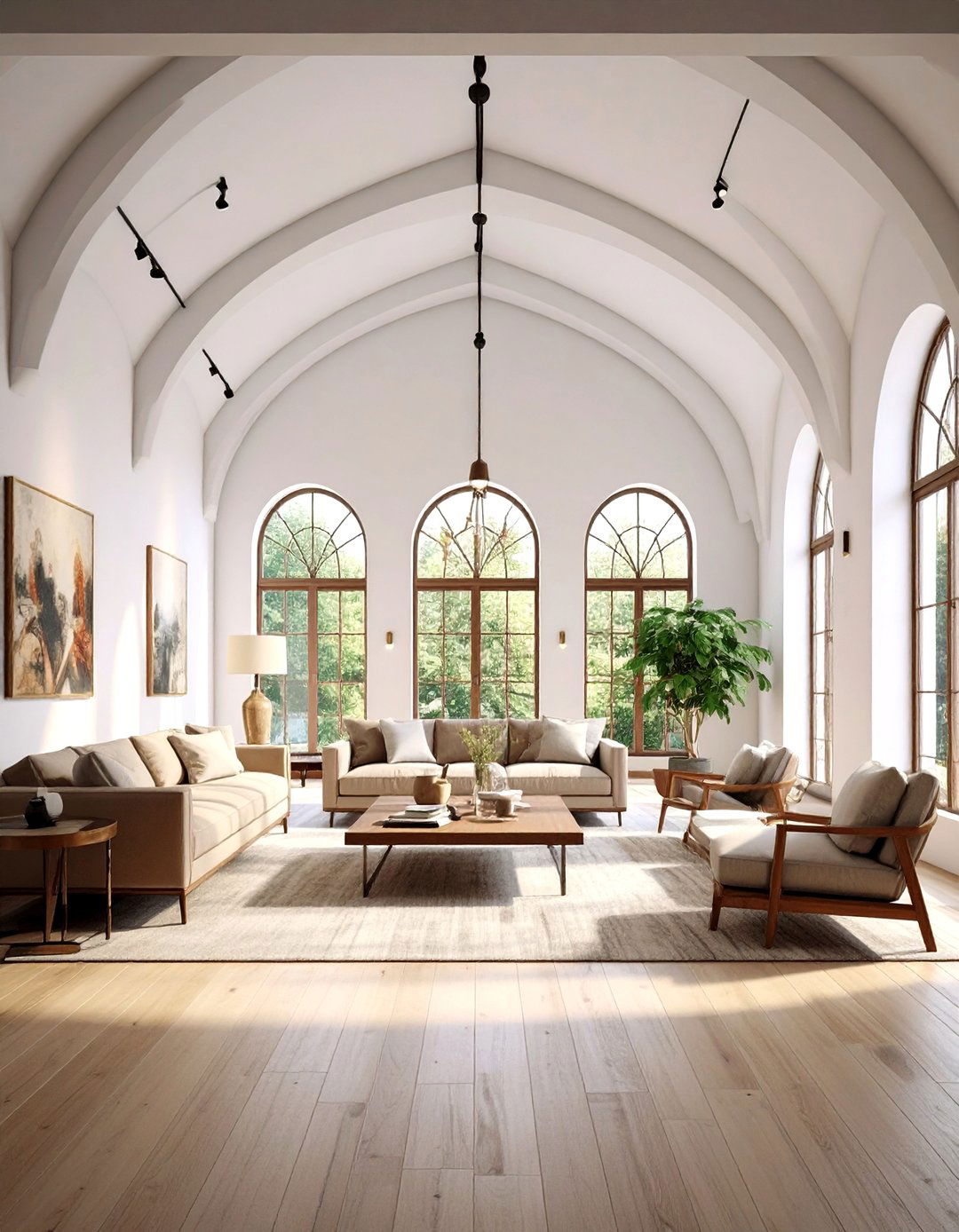 Art Gallery Living Room Vaulted Ceiling with Dramatic Lighting - 20 Living Room Vaulted Ceiling Ideas