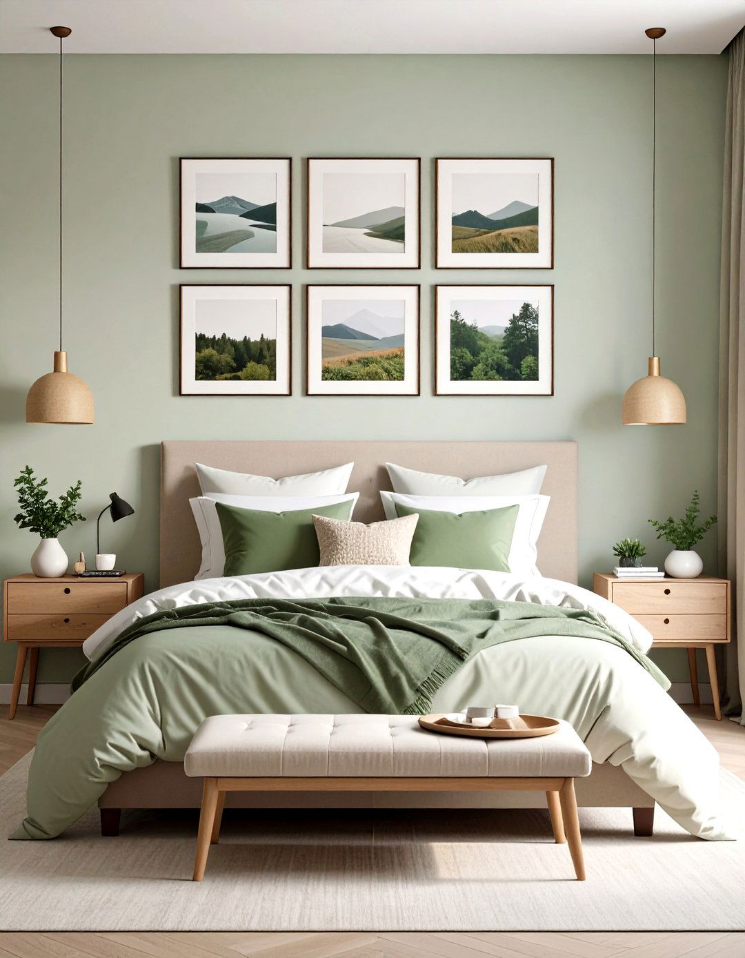 Art Gallery Wall in Green and Beige Bedroom Spaces - 20 Green and Beige Bedroom Ideas