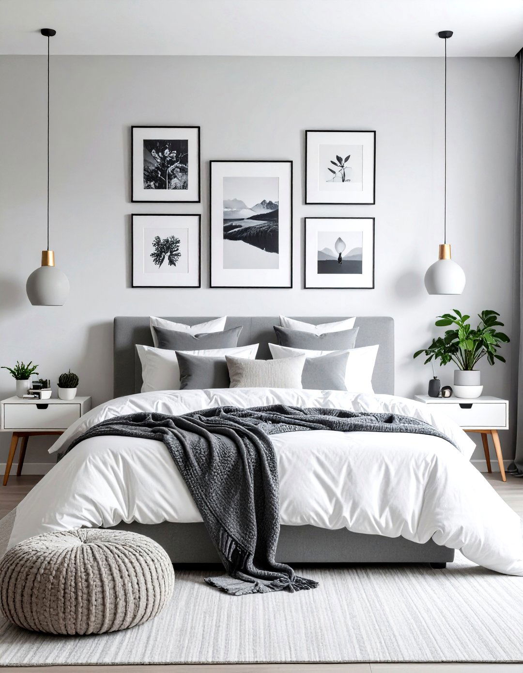 Art Gallery Wall in a Grey and White Bedroom for Personal Touch - 20 Grey and White Bedroom Ideas