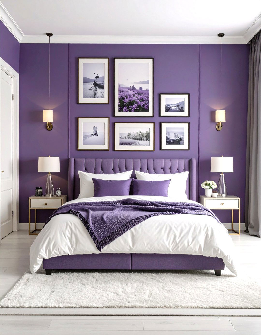 Art Gallery Wall on Dark Purple Backdrop - 20 Dark Purple Bedroom Ideas