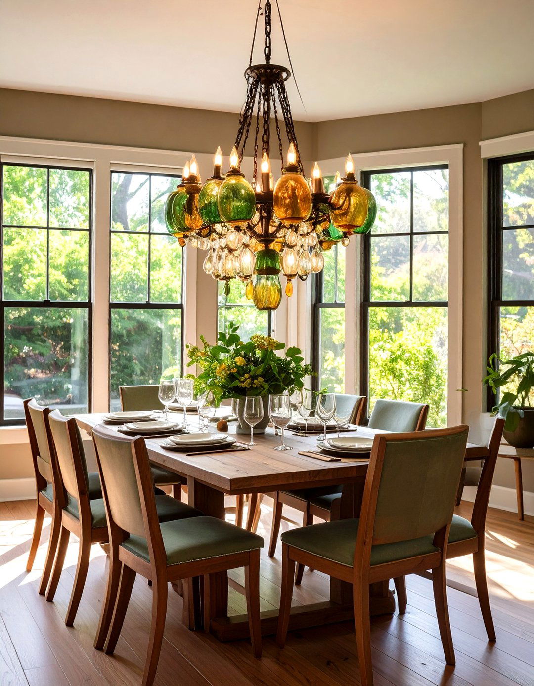 Art Glass Chandelier Crowns the Craftsman Dining Room Table - 20 Craftsman Dining Room Ideas