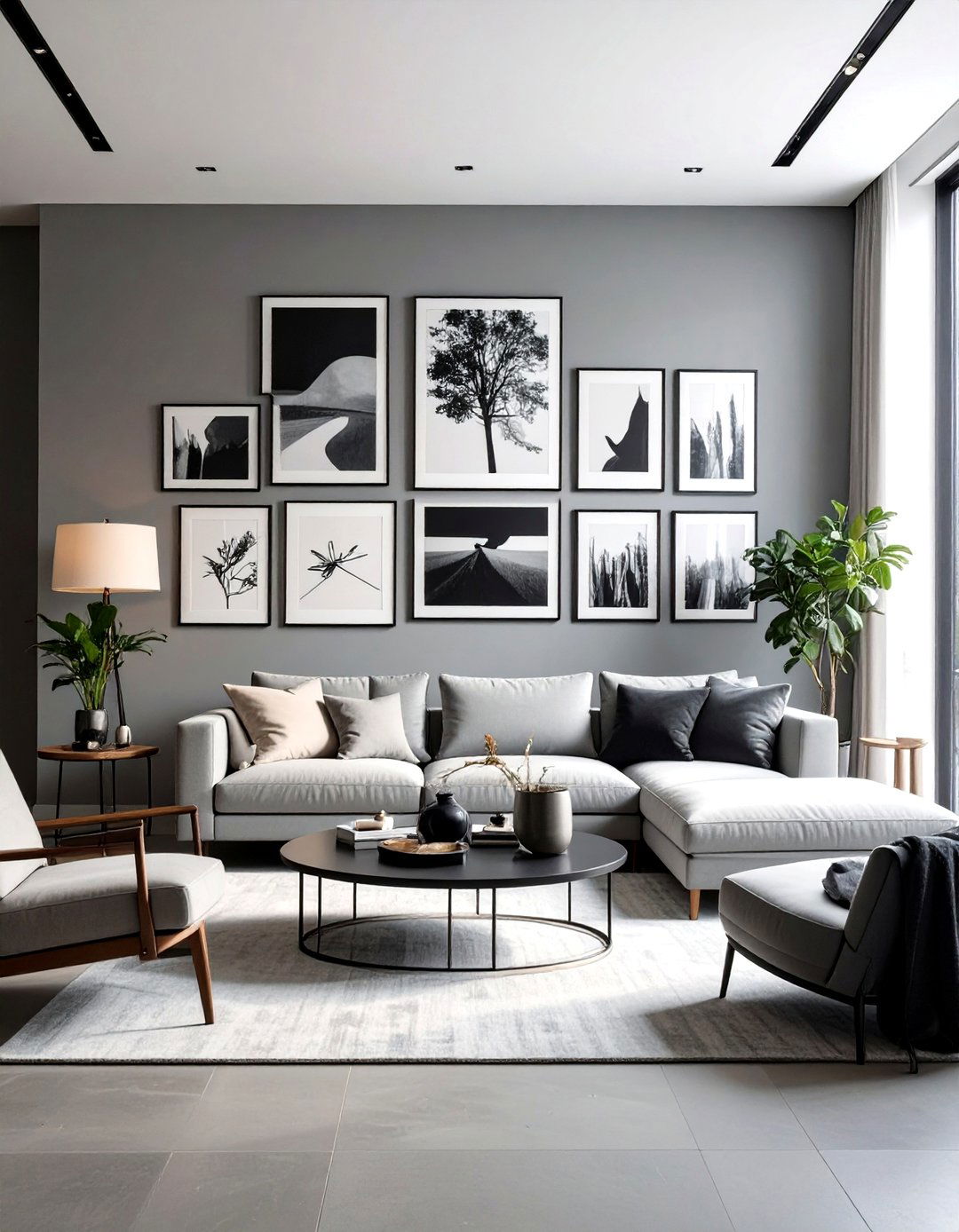 Artful Gallery Walls for Visual Interest - 20 Grey Living Room With Dark Wood Floors