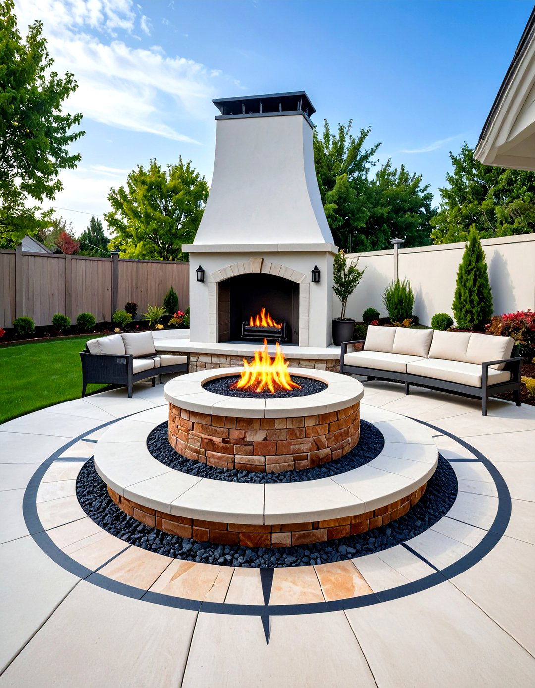 Artistic Compass Rose Stamped Concrete Patio with Centerpiece Fire Pit - 20 stamped concrete patio with fire pit ideas
