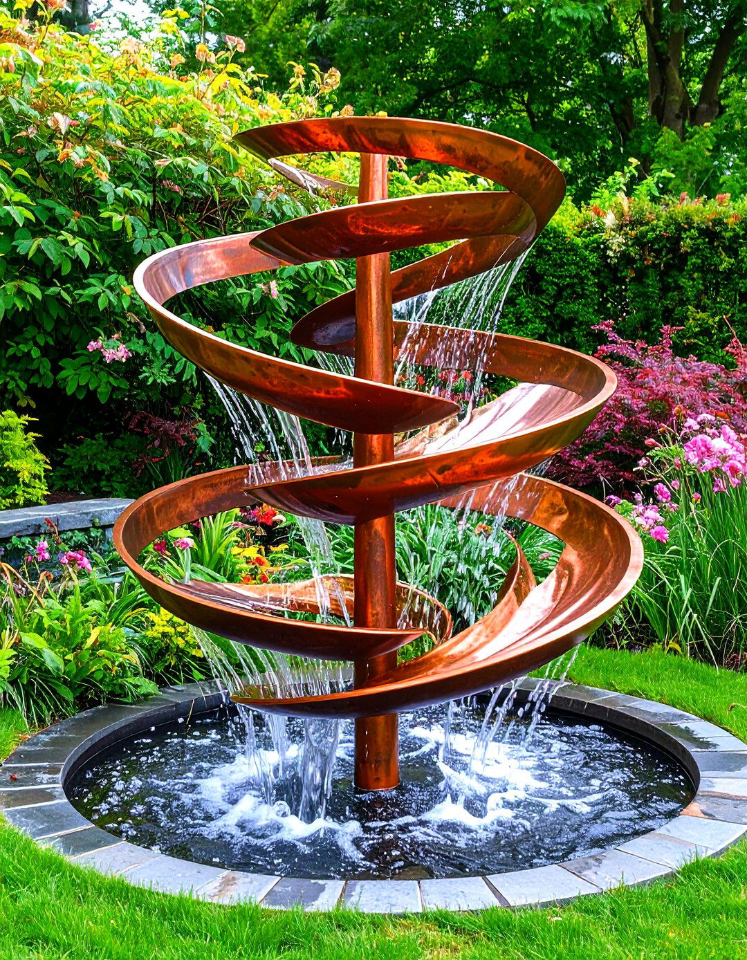 Artistic Copper Spiral Water Feature with Vortex Design - 20 Water Feature Ideas