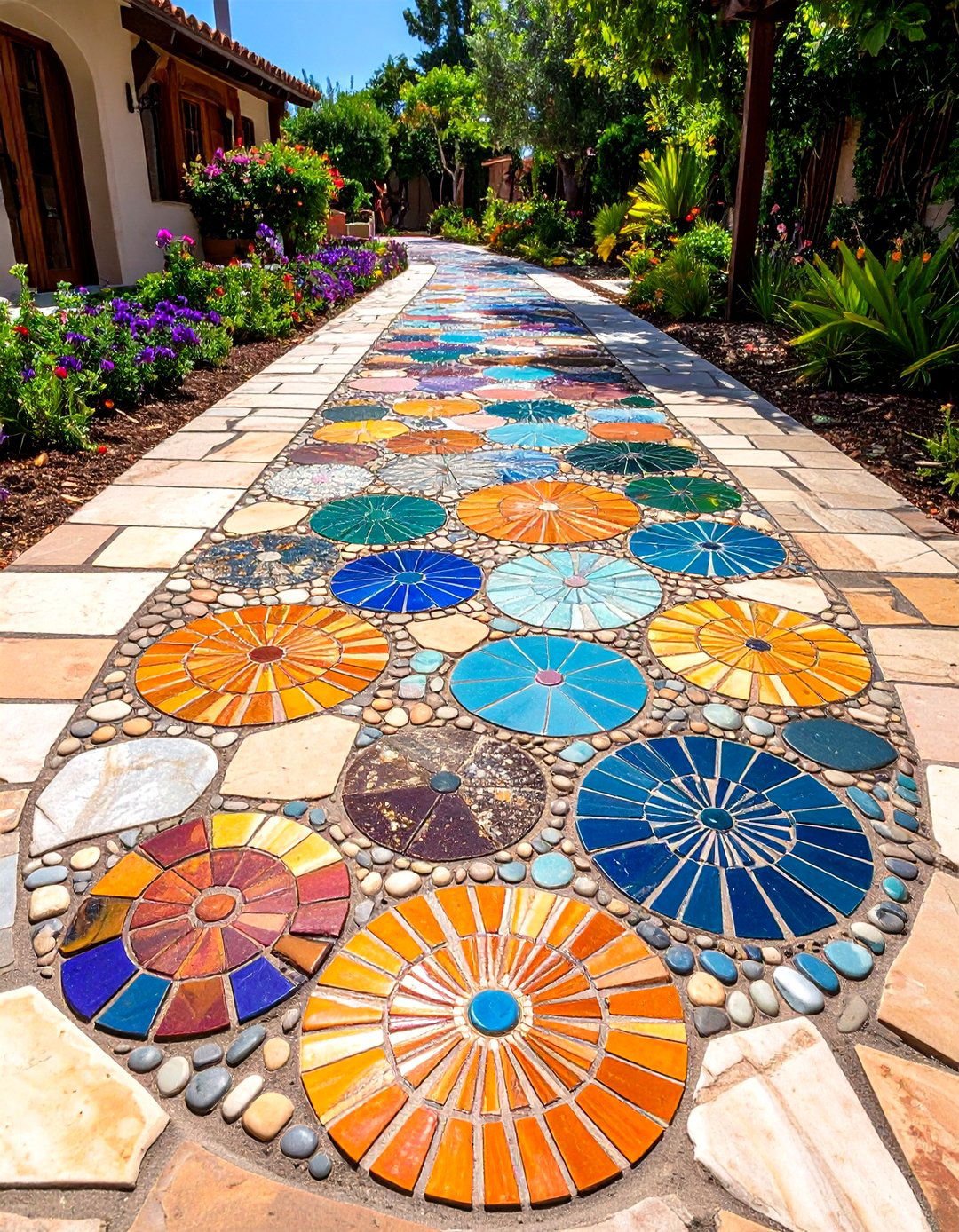Artistic Flagstone Walkway Featuring Inset Fossils and Tile Shards - 20 Flagstone Walkway Ideas
