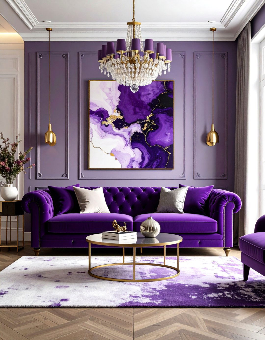 Artistic Purple Living Room with Bold Statement Pieces - 20 Purple Living Room Ideas