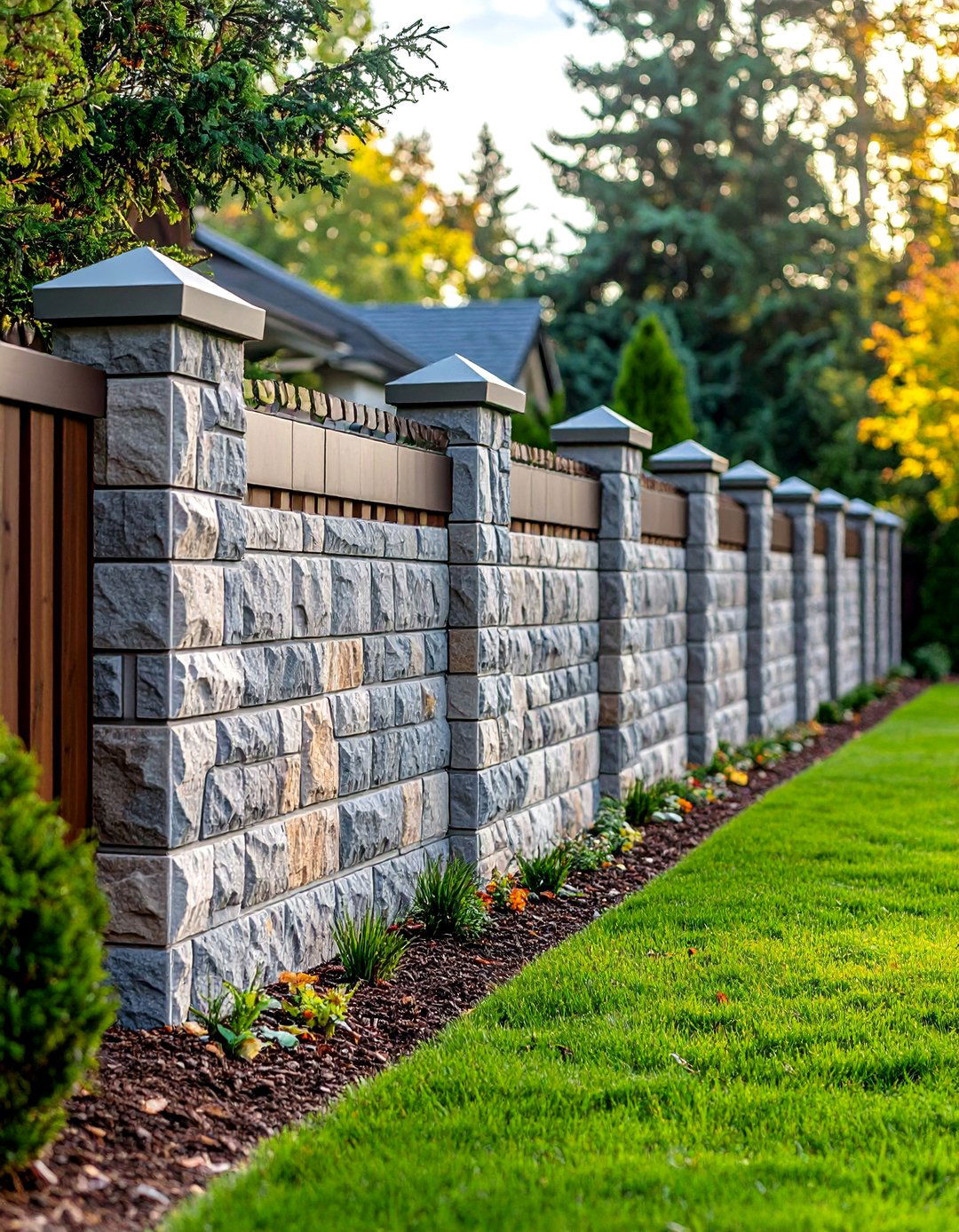Ashlar Blend Patterned Concrete Block Fence - 20 Concrete Block Fence Ideas