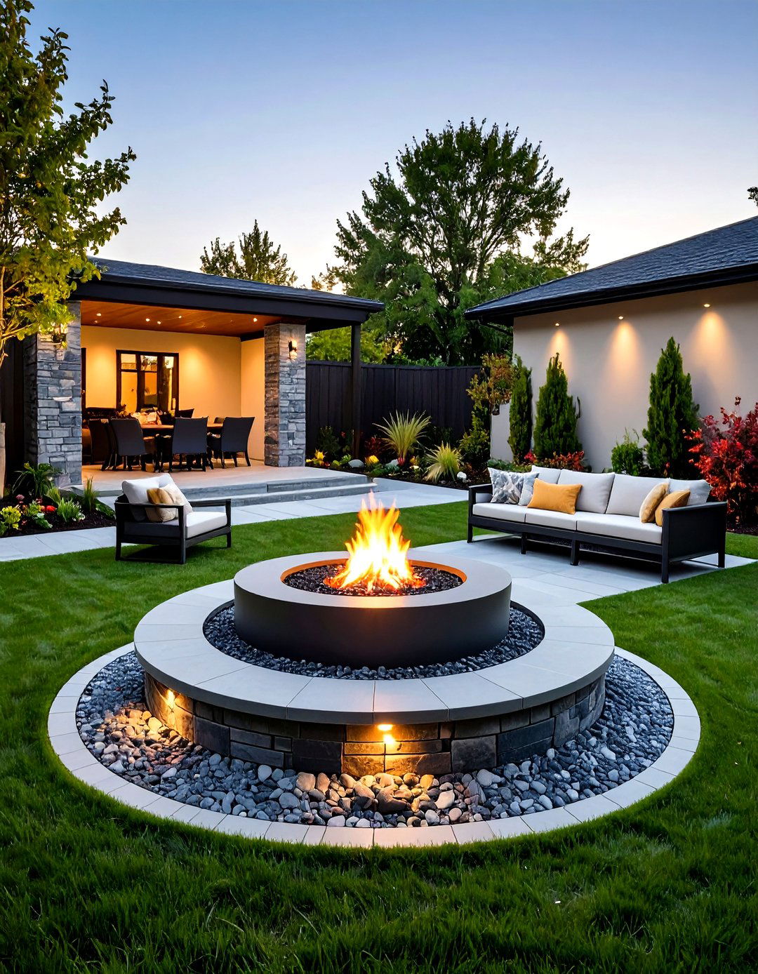 Ashlar Slate Stamped Concrete Courtyard with Circular Seating Wall Fire Pit - 20 stamped concrete patio with fire pit ideas