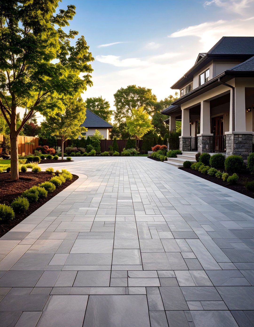 Ashlar Slate Stamped Concrete Driveway - 20 Concrete Driveway Ideas