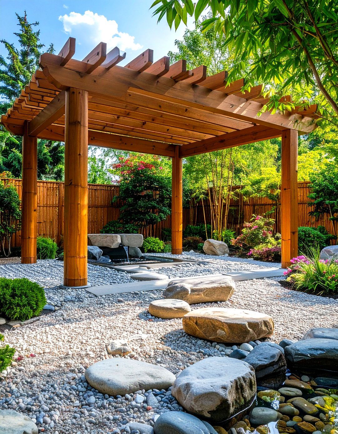 Asian Inspired Patio Pergola with Zen Garden Elements - 20 Patio Pergola Ideas