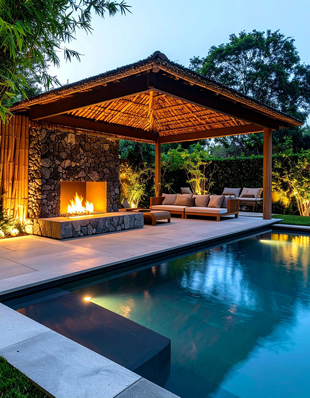 Asian Inspired Pavilion with Zen Fireplace - 20 Backyard Pavilion With Fireplace