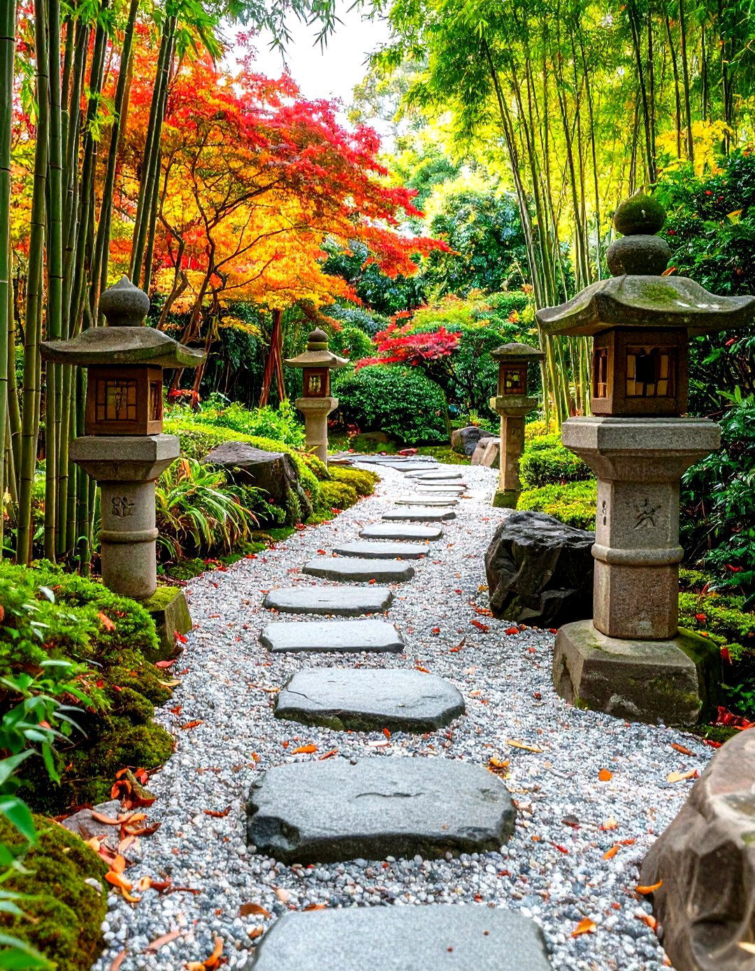 Asian Inspired Pea Gravel Walkway with Stone Lanterns - 20 Pea Gravel Walkway Ideas