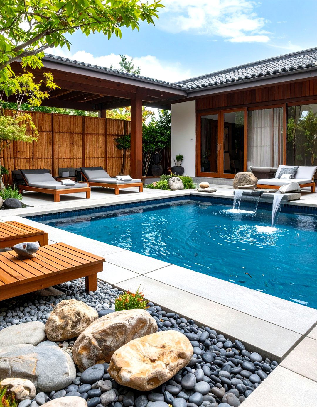 Asian Inspired Pool Patio with Zen Elements - 20 Pool Patio Ideas