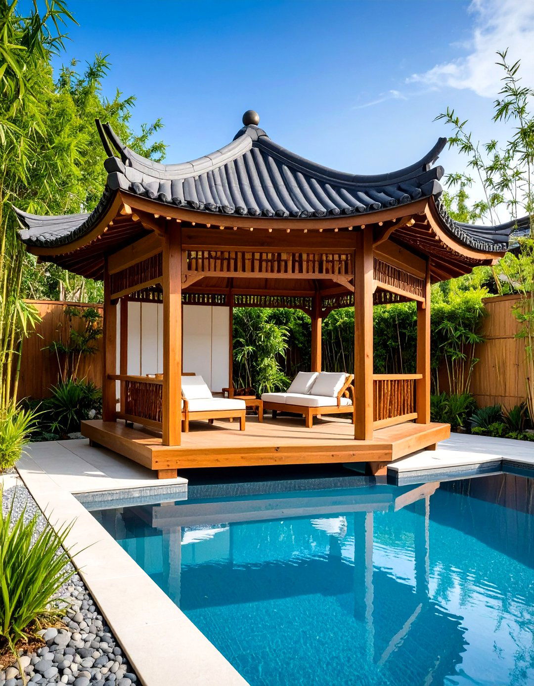 Asian Inspired Zen Pool Gazebo with Natural Wood - 20 Pool Gazebo Ideas