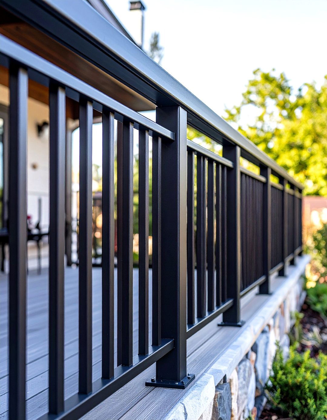 Asymmetrical Black Metal Deck Railing - 20 black deck railing ideas