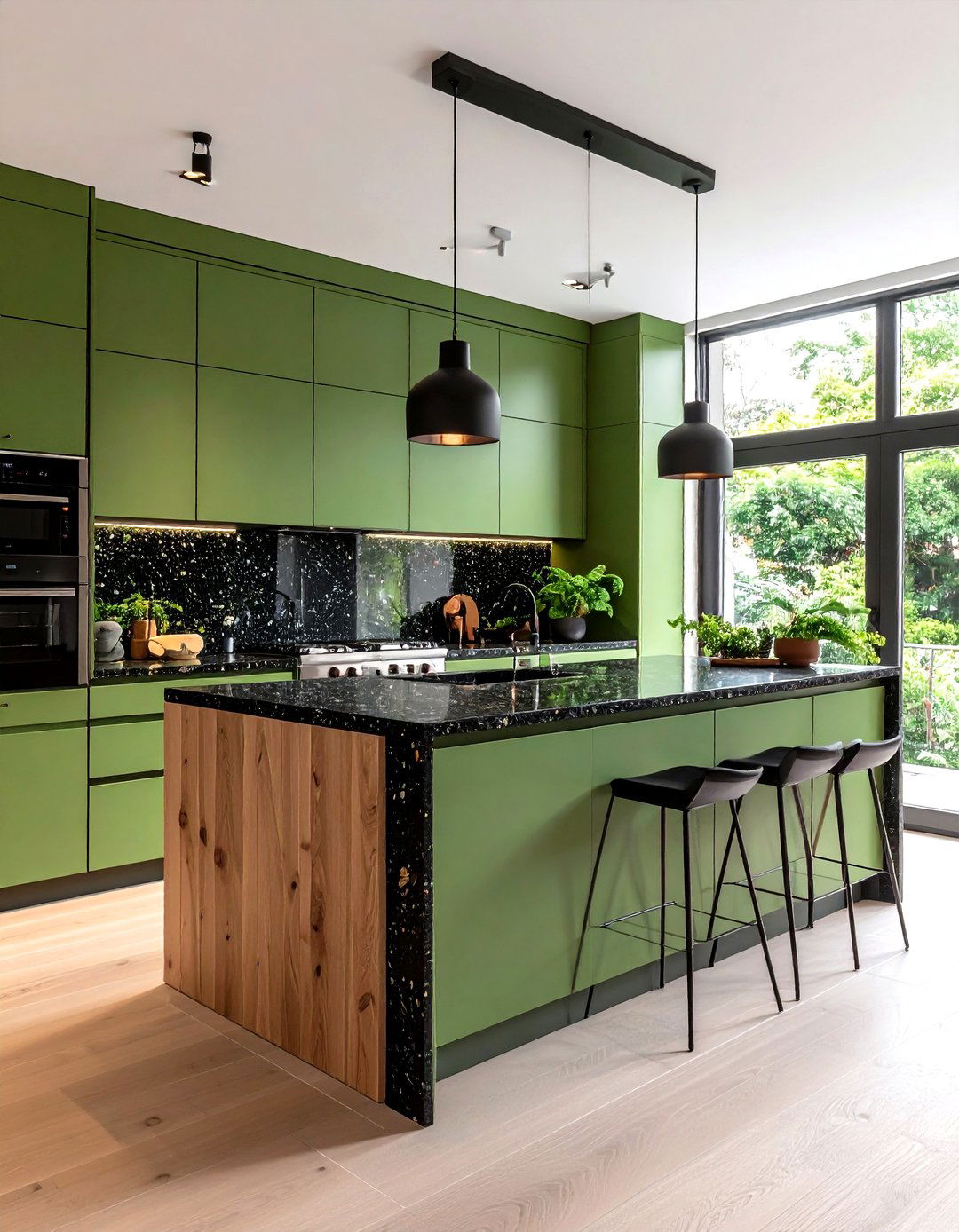 Avocado Slab Doors and Black Terrazzo - 20 Green Kitchen Cabinets With Black Countertops