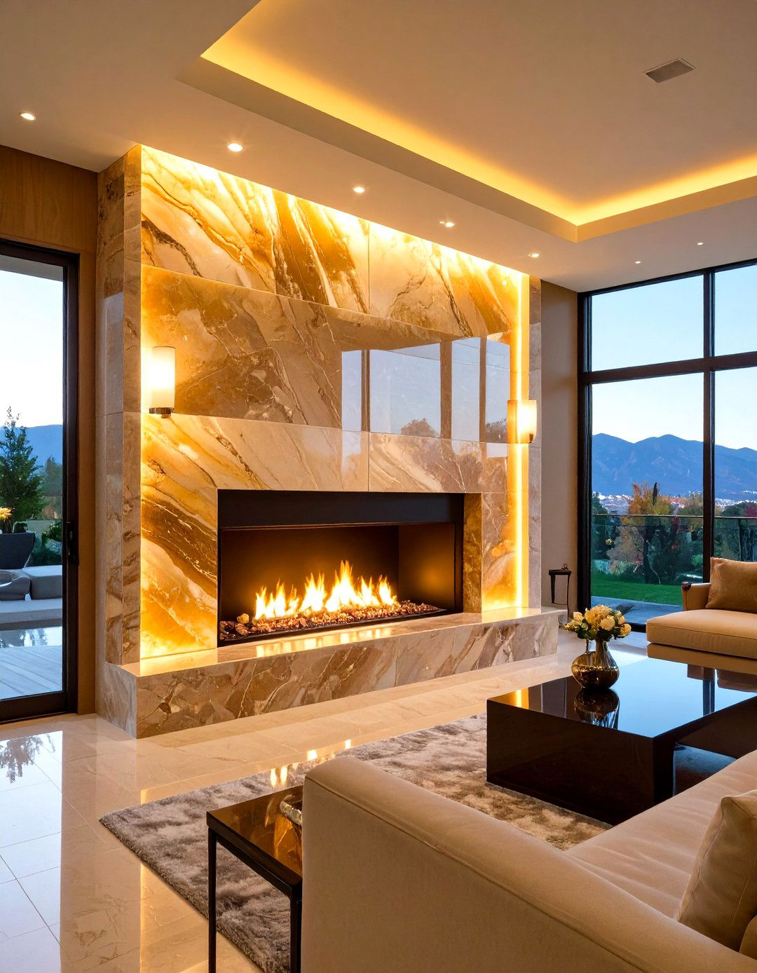 Back Lit Onyx Feature Wall - 20 Floor-to-Ceiling Stone Fireplace Ideas