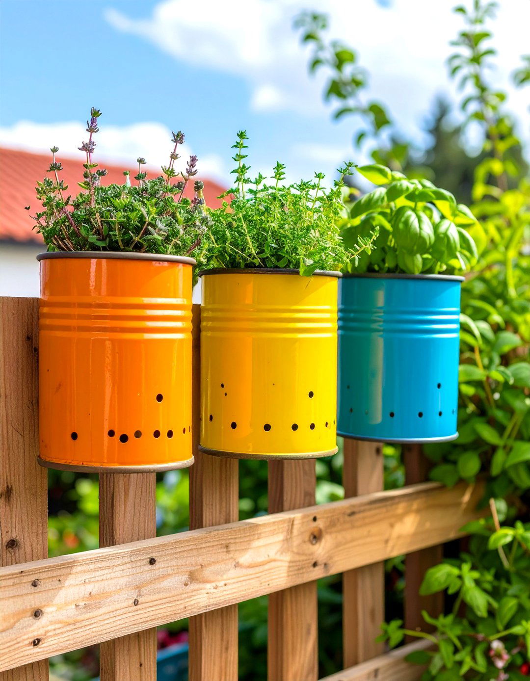 Backyard Container Herb Garden with Upcycled Cans - 20 Backyard Ideas on a Budget