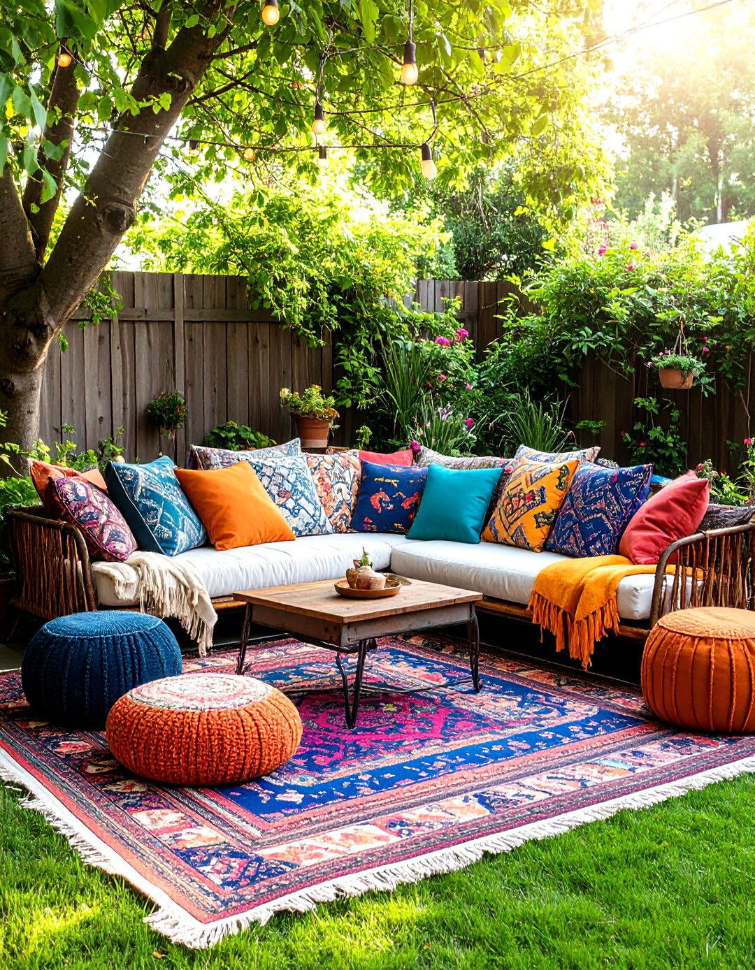 Backyard Thrift Find Rug and Pillow Lounge - 20 Backyard Ideas on a Budget