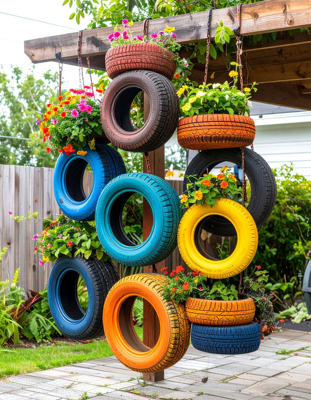 Backyard Tire Planter Pops of Color - 20 Backyard Ideas on a Budget