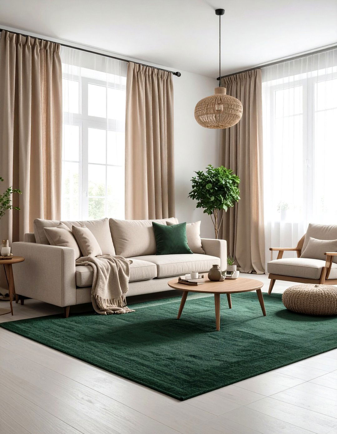 Balancing Neutrals with a Deep Green Carpet - 20 Green Carpet Living Room Ideas