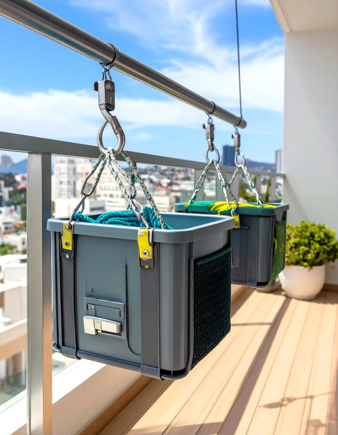Balcony Pulley Lift for High Rise Garbage Can Storage - 20 Garbage Can Storage Ideas