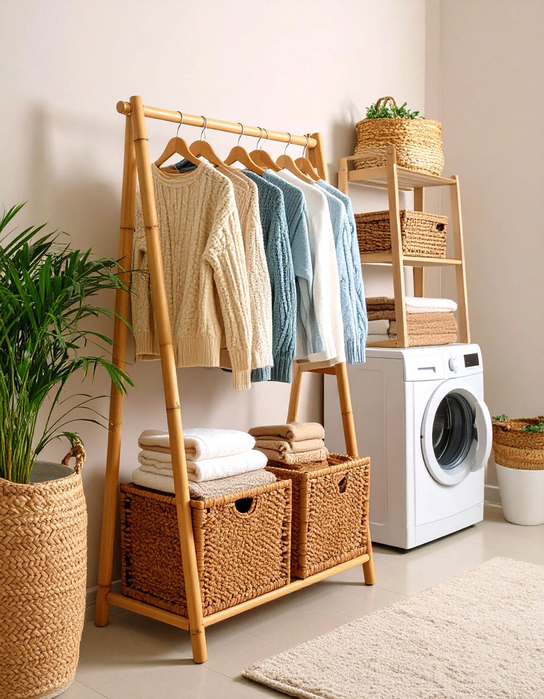 Bamboo Ladder Rack Works as a Space Saving Drying Rail - 20 Boho Laundry Room Ideas