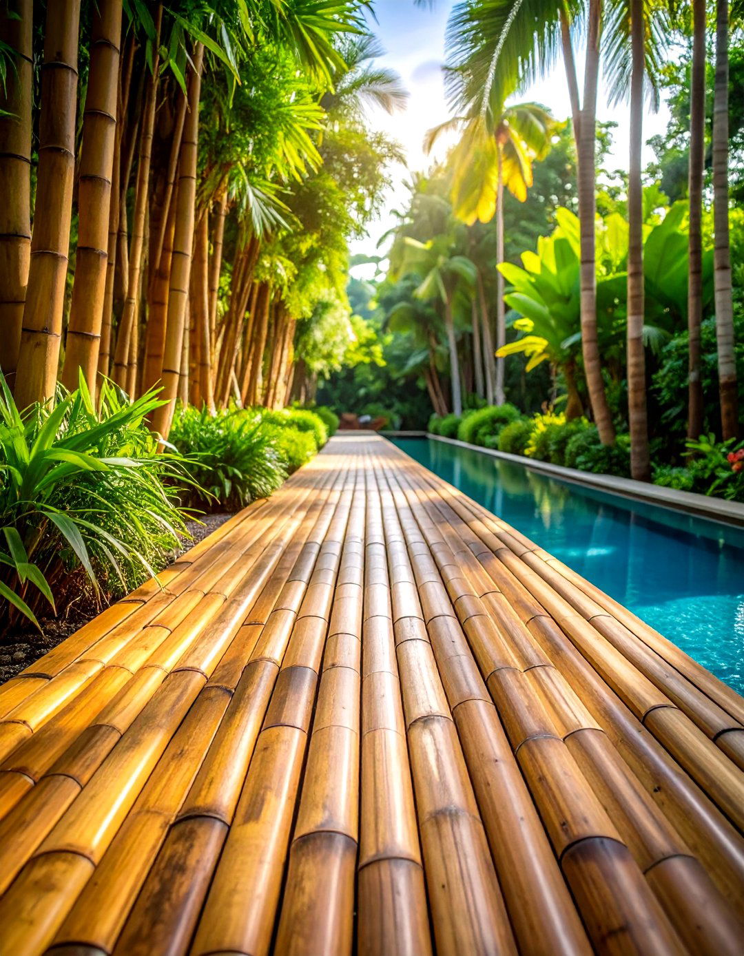 Bamboo Pool Walkway with Tropical Resort Styling - 20 Pool Walkway Ideas