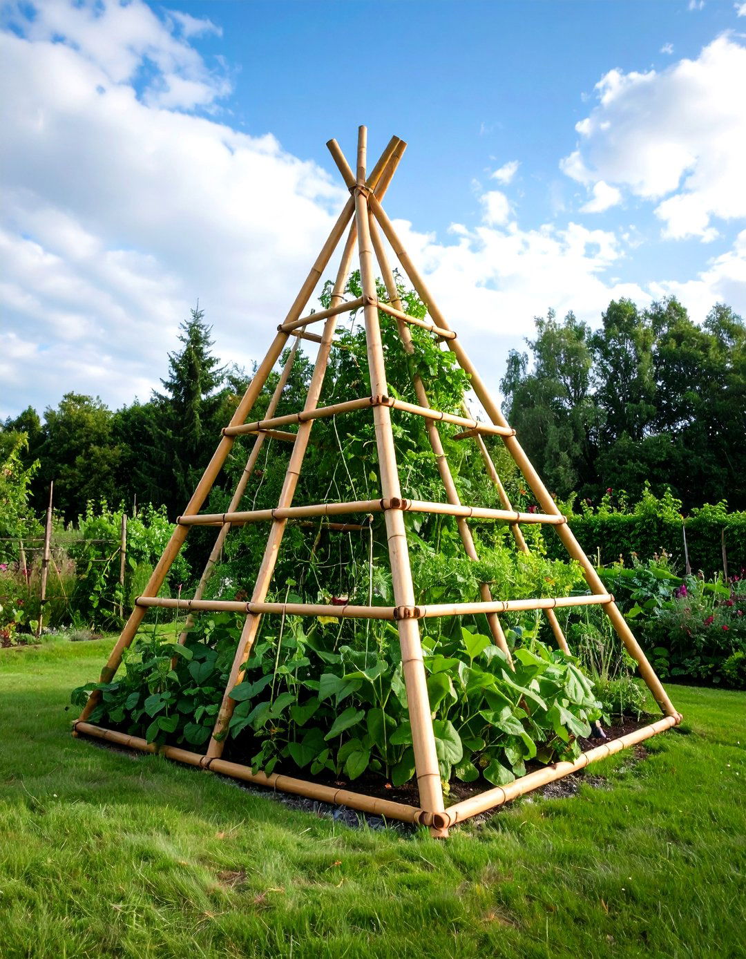 Bamboo Pyramid Trellis for Climbing Vegetables - 20 Trellis Ideas