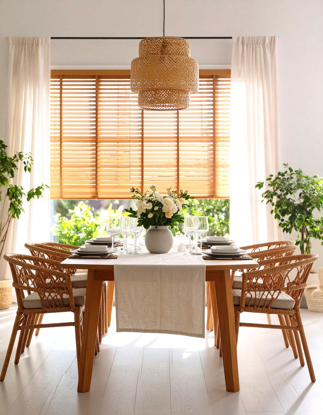 Bamboo Window Blinds with Drapery Accents - 20 Dining Room Window Treatments