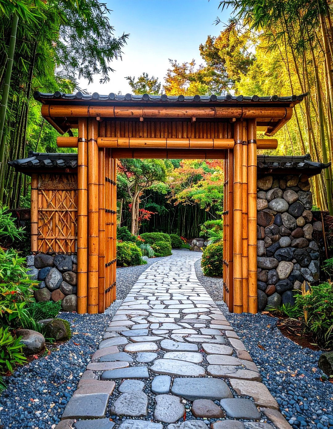Bamboo and Stone Mosaic Japanese Garden Gate - 20 Japanese Garden Gate Design Ideas