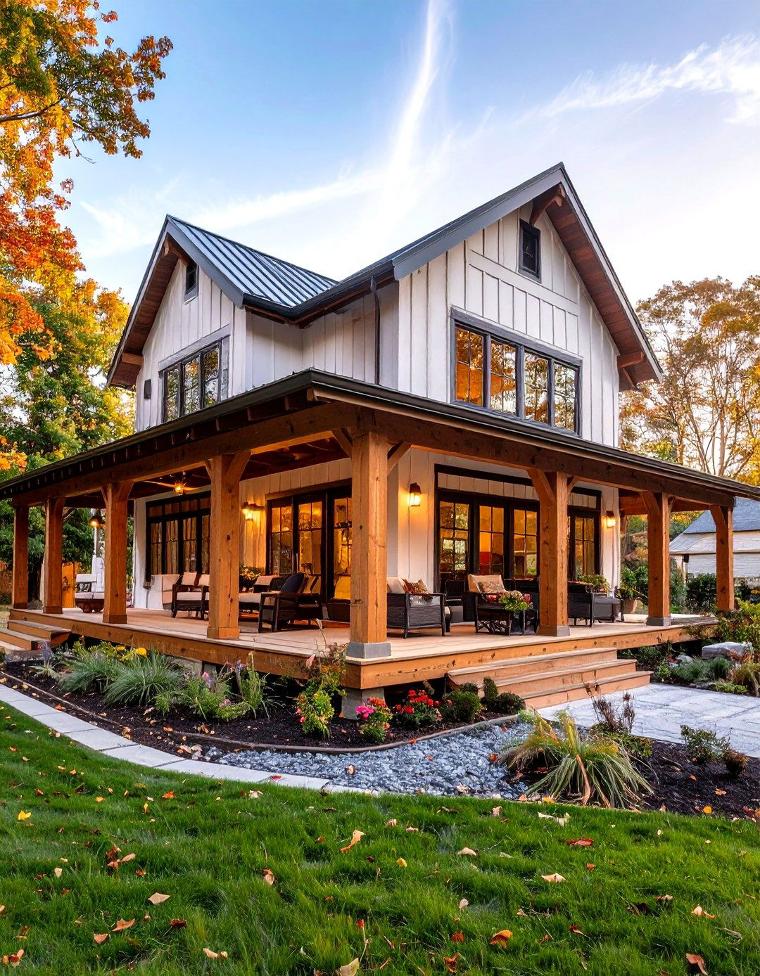 Barndominium Exterior with Wraparound Porch Design - 20 Pole Barn and Barndominium House Exteriors