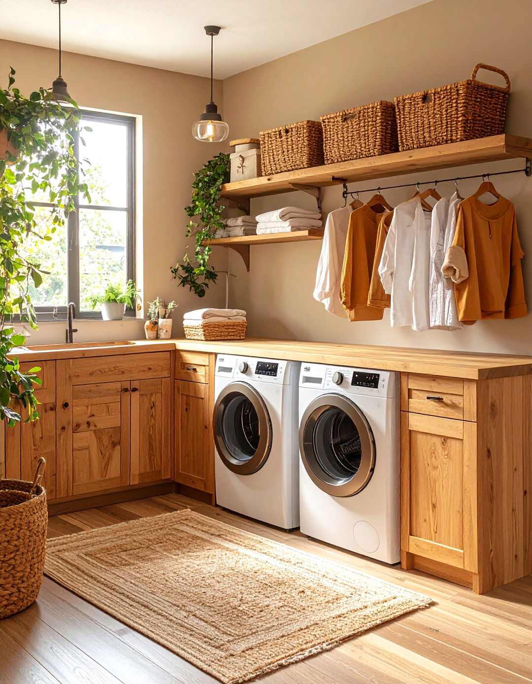 Basement Laundry Room with Natural Wood Accents - 20 basement laundry room ideas