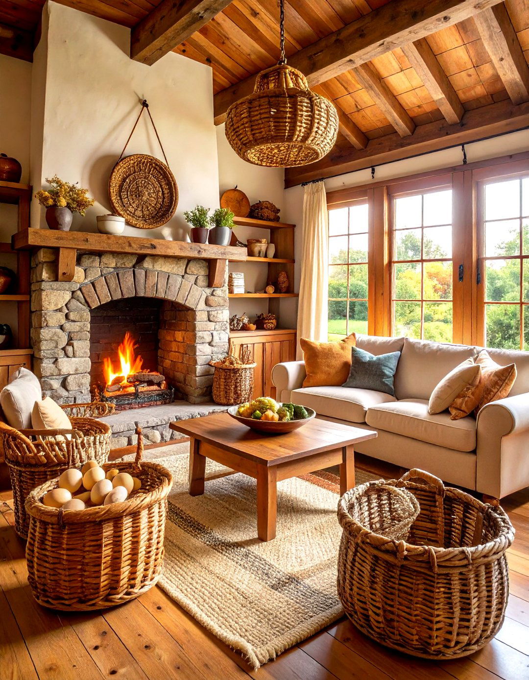 Basket Filled Primitive Living Room with Storage Solutions - 20 Primitive Living Room Ideas