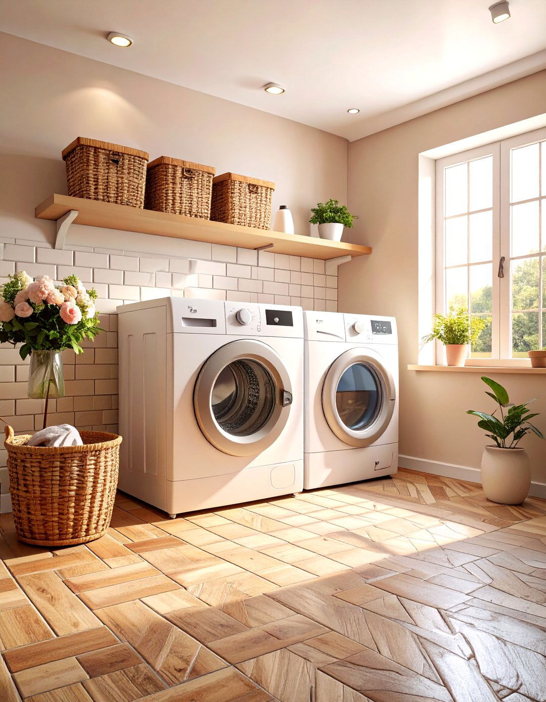 Basketweave Brick Floor Laundry Room Design - 20 Brick Floor Laundry Room Ideas