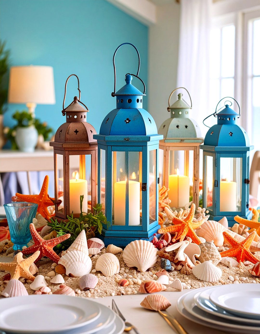 Beach Nautical Lantern Centerpiece with Seashell Accents - 20 Lantern Centerpiece Ideas