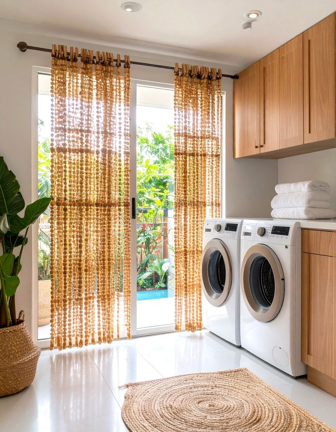 Beaded Curtain Conceals Utility Without Closing Space - 20 Boho Laundry Room Ideas