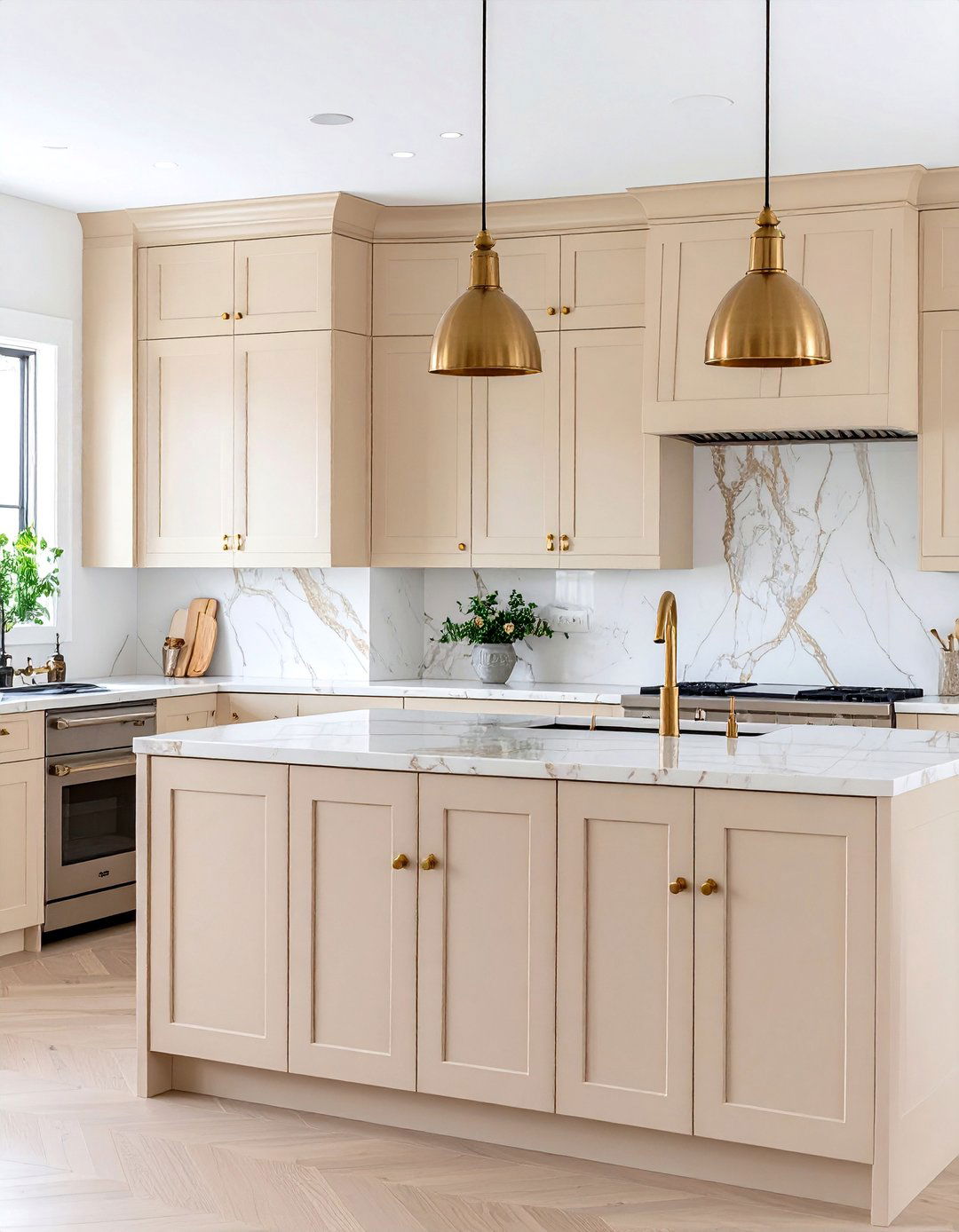 Beige Kitchen Cabinets with Brass Hardware Accents - 20 Kitchens With Beige Kitchen Cabinets