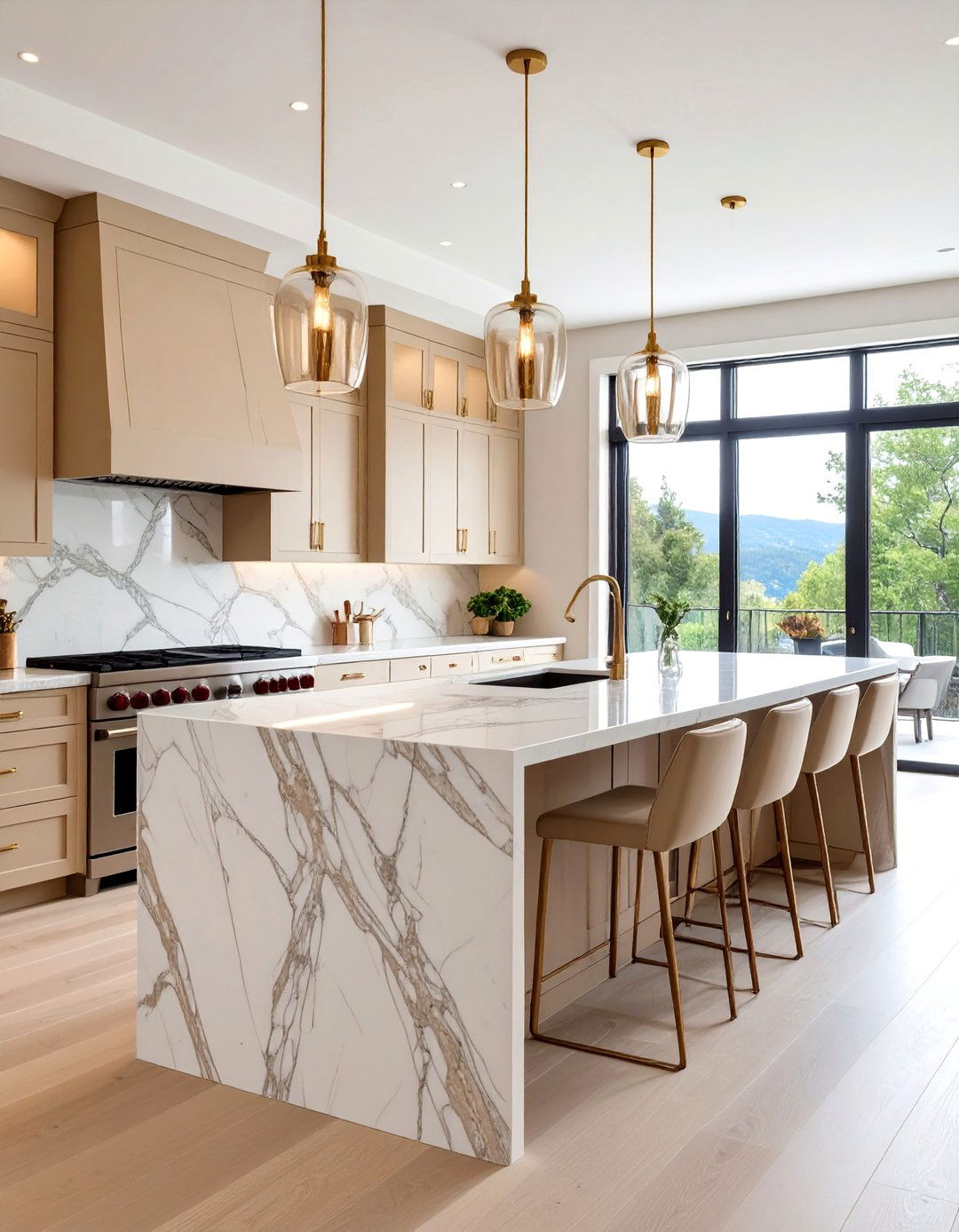Beige Kitchen Cabinets with Marble Waterfall Islands - 20 Kitchens With Beige Kitchen Cabinets