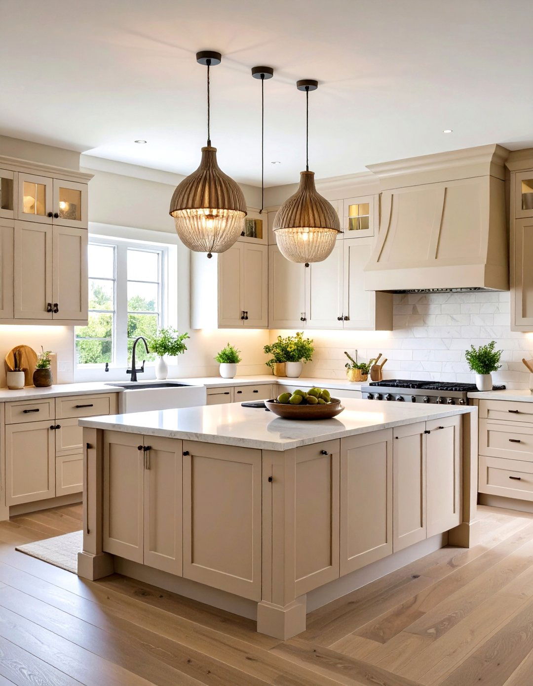 Beige Kitchen Cabinets with Statement Lighting Features - 20 Kitchens With Beige Kitchen Cabinets