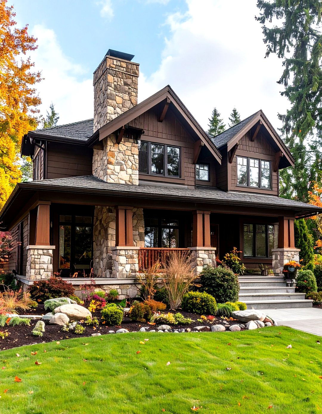 Beige Stone Chimney Offsets a Dark Brown House Exterior - 20 Dark Brown House Exterior Ideas