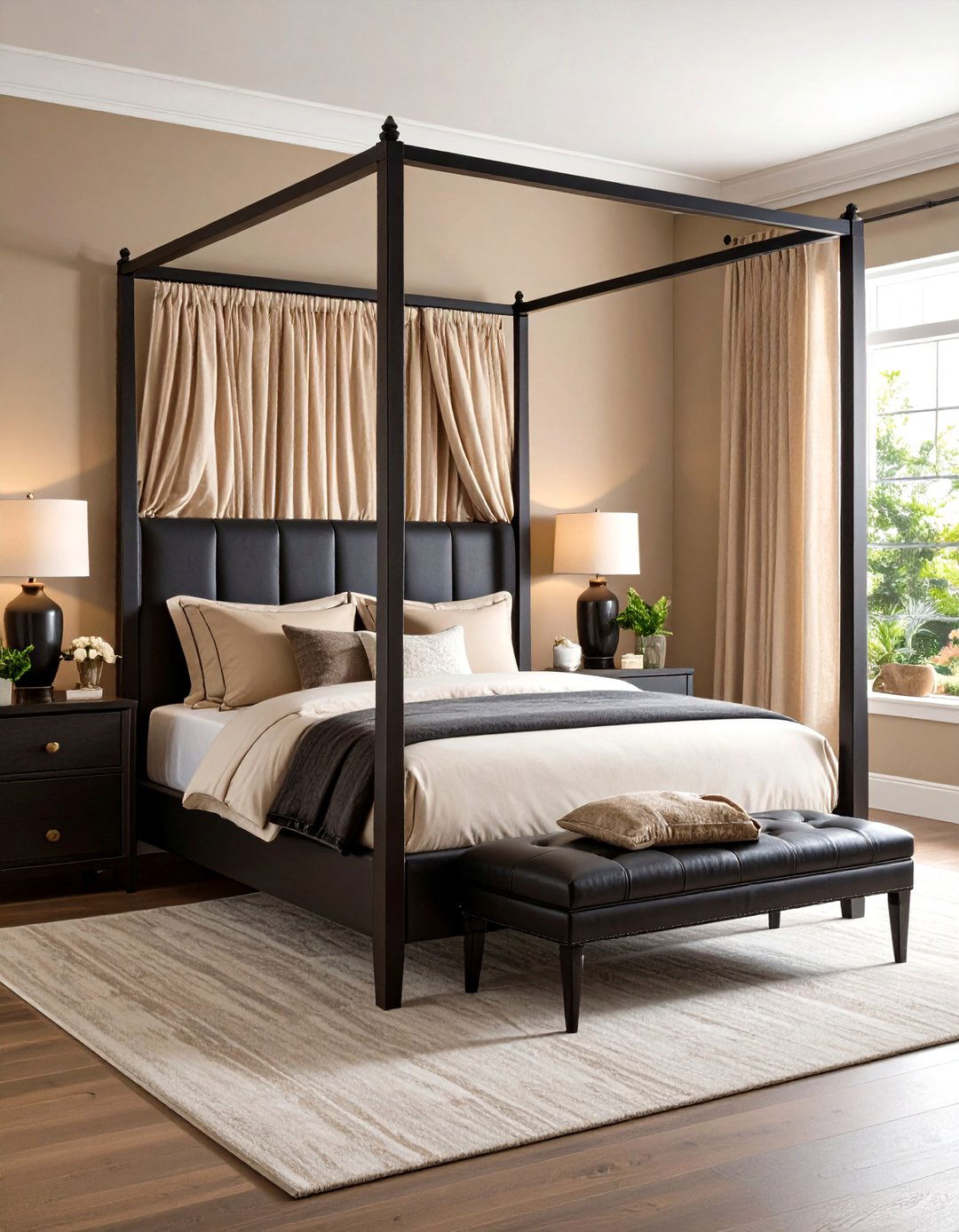 Beige Walls Black Statement Bedframe - 20 Black and Beige Bedroom Design Ideas