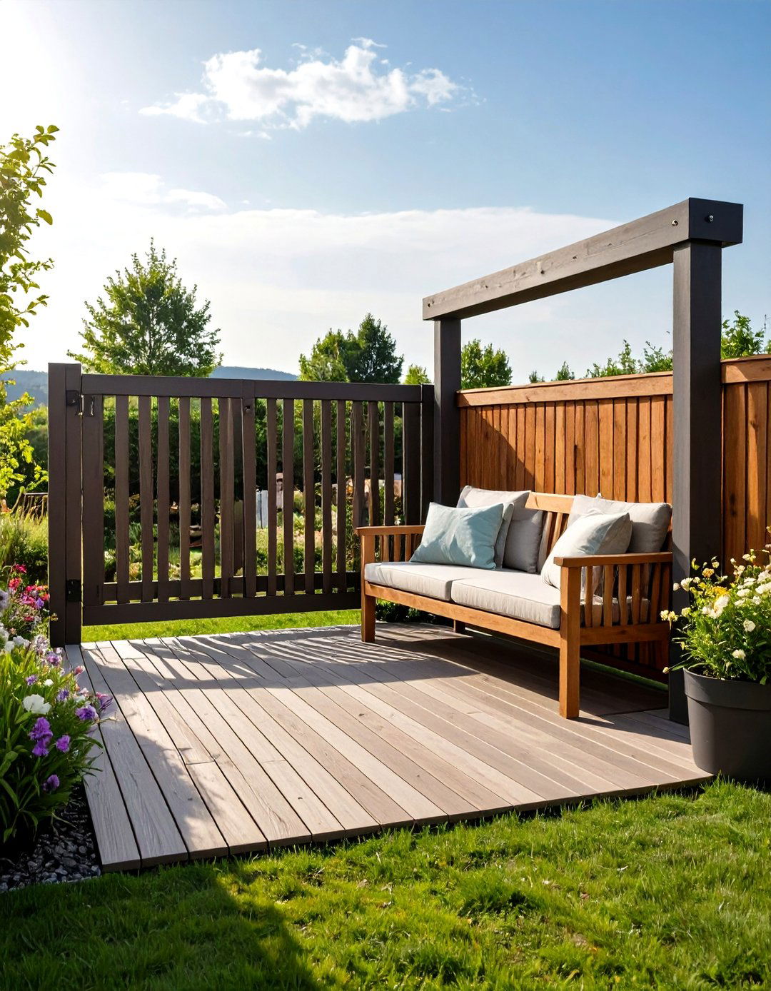 Bench Back Deck Gate Doubles as Seating Support - 20 Deck Gate Ideas