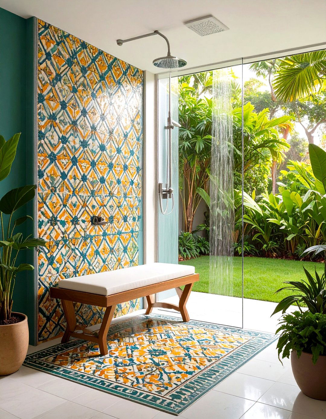Bench with Accent Tile Pattern - 20 Walk in Shower Ideas With Bench