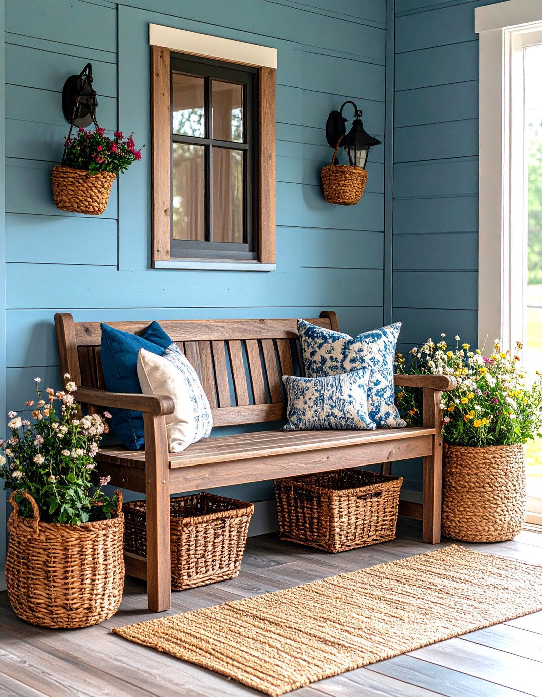 Bench with Baskets Underneath - 20 Shiplap Wall Entryway Ideas